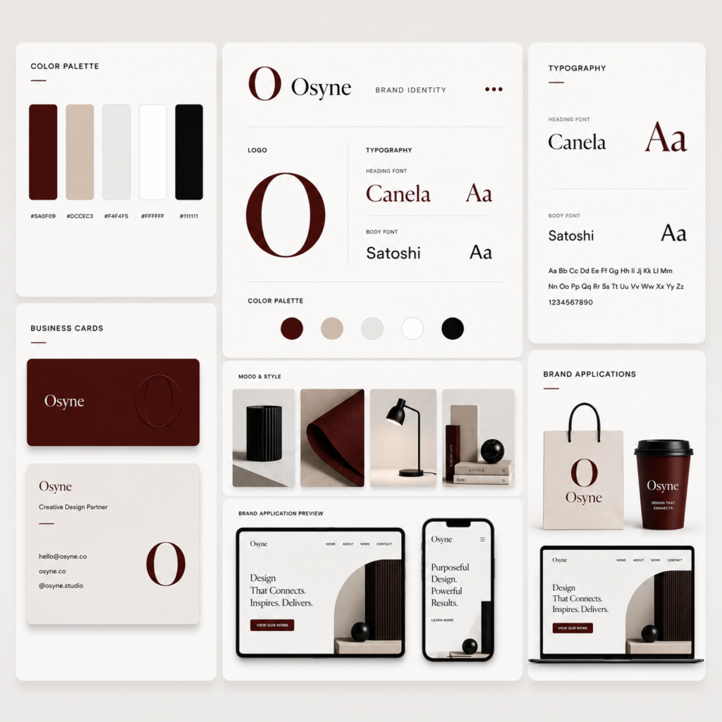Brand identity design system featuring color palette, typography, business cards, website design, and branded applications displayed in a modern visual layout.