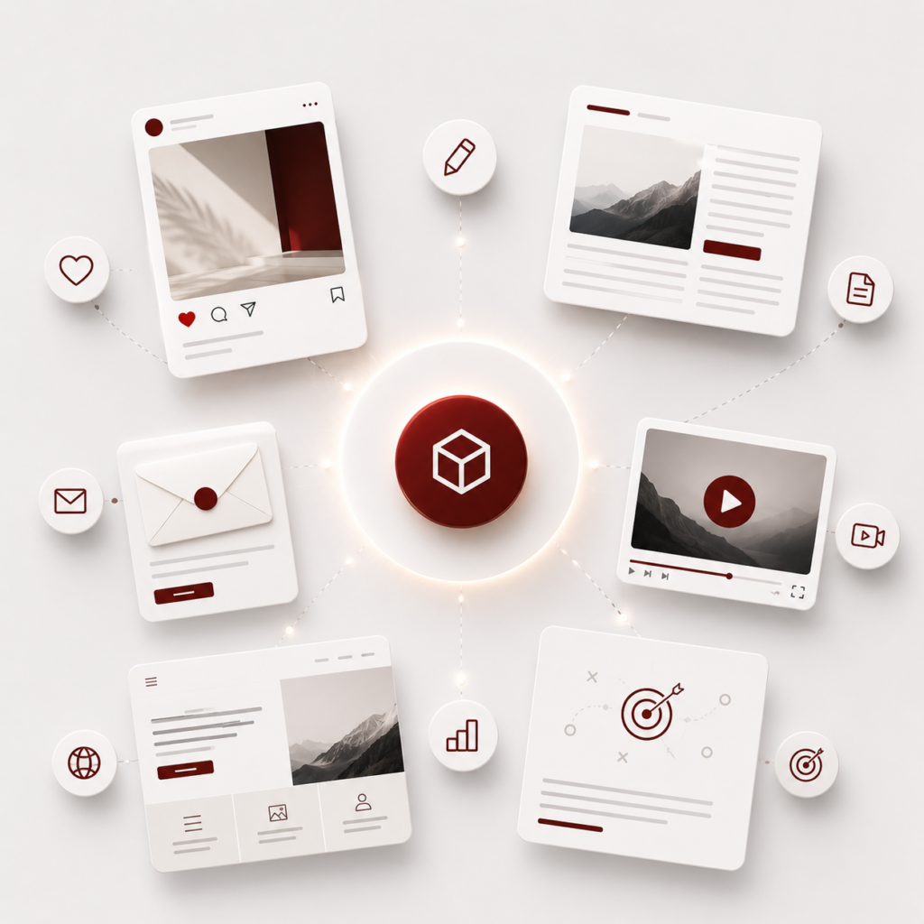 Content creation ecosystem illustration showing how a single content strategy powers social media, blogs, websites, email marketing, video content and business growth.