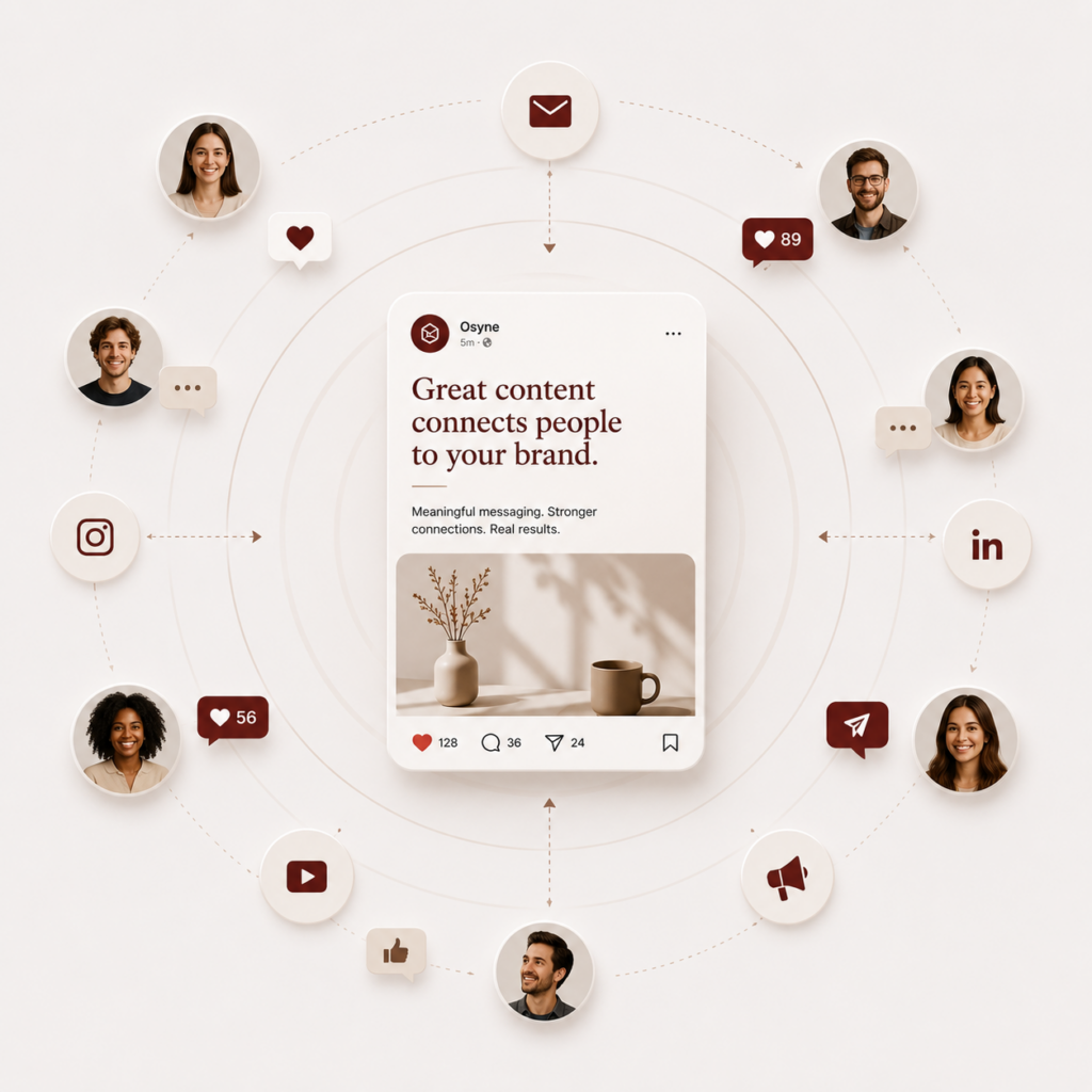 Illustration showing how strategic content connects brands with their audience through engagement, messaging, and content marketing.