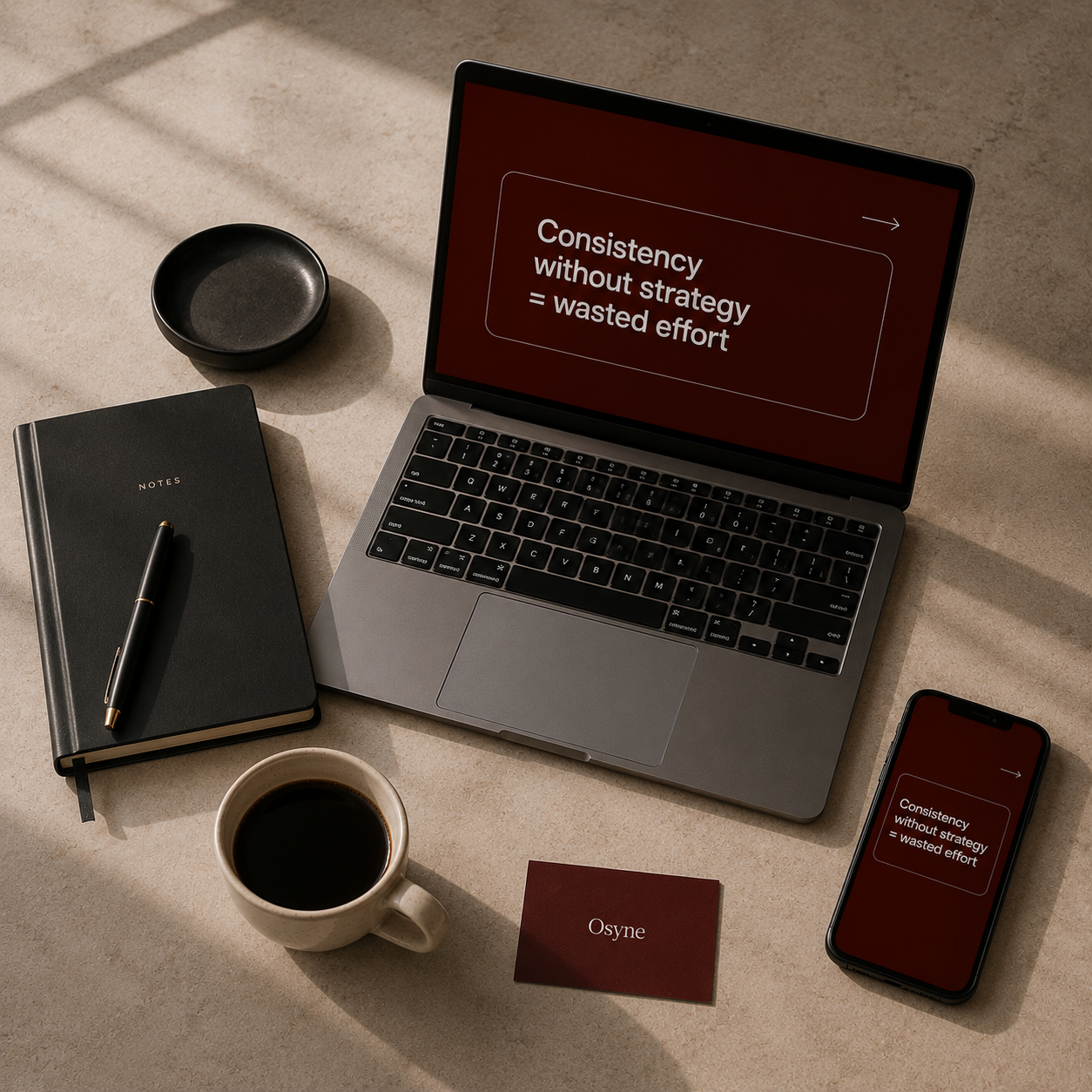 Osyne digital marketing agency Nairobi workspace showing content strategy on laptop and mobile with business card
