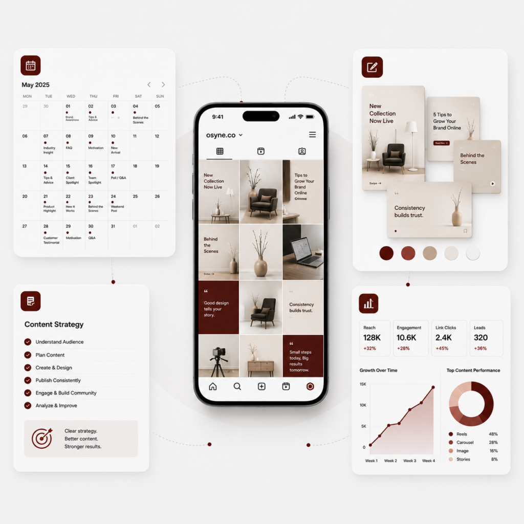 Social media management package illustration showing content planning, content creation, publishing, strategy development, and performance reporting.