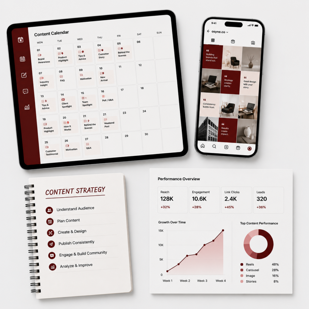 Social media management workflow showing content planning, content calendar, social media publishing, strategy development, and performance reporting.