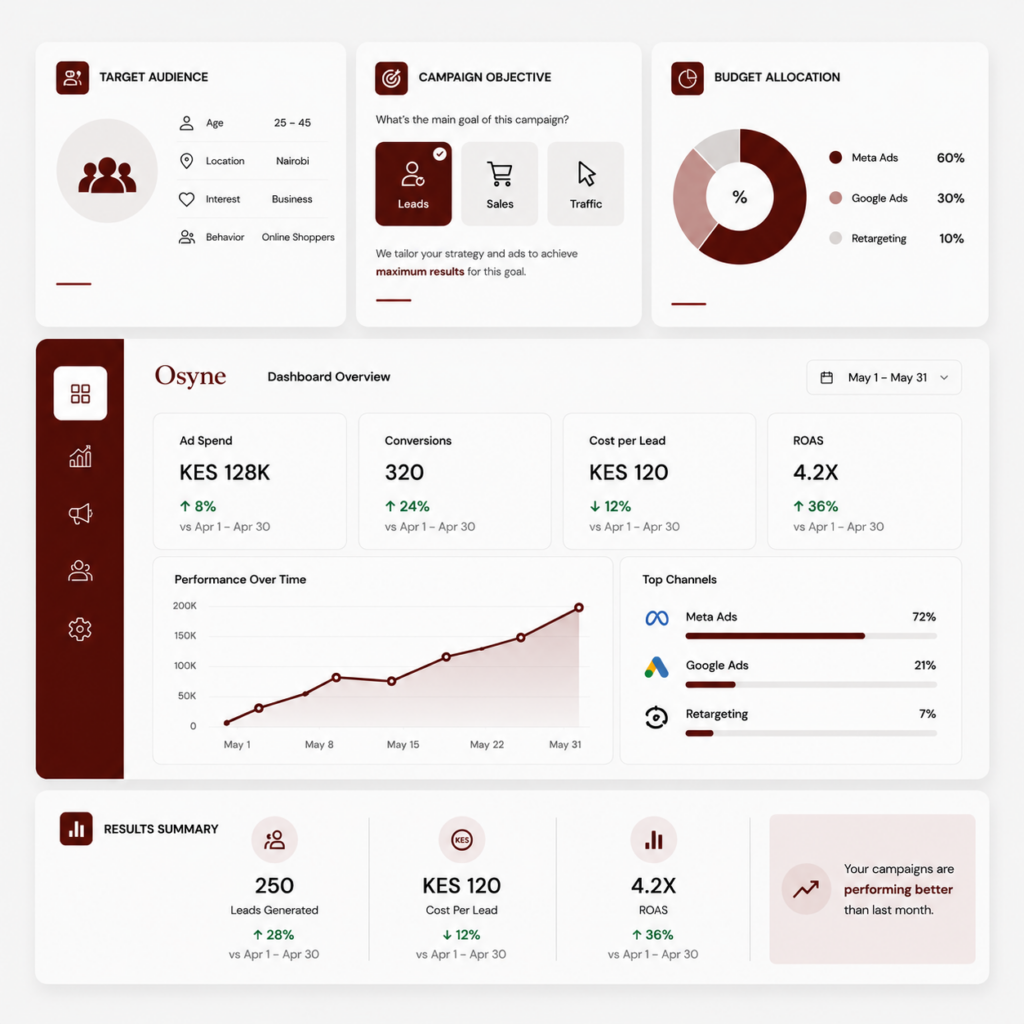 Paid media strategy dashboard showing audience targeting, campaign objectives, budget allocation, ad performance metrics, and results tracking.