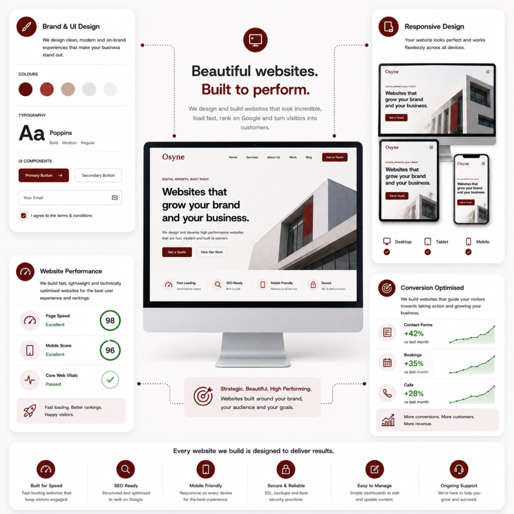 Website design and development dashboard showing responsive design, website performance, conversion optimisation, and modern UI design elements.